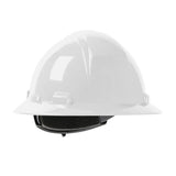 A side view of the PIP Dynamic Kilimanjaro Full Brim Hard Hat showcases its robust HDPE shell and convenient wheel ratchet adjustment for a secure fit. The wide brim and glossy finish make it perfect for construction site safety.