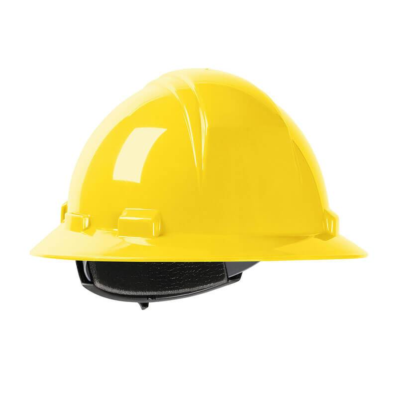 The PIP Dynamic Kilimanjaro Full Brim Hard Hat 280-HP641R, from Protective Industrial Products, showcases a striking bright yellow color with a sturdy HDPE shell and black interior lining for optimal head protection. When viewed from the side, its sleek, glossy surface stands out and it includes a convenient wheel ratchet adjustment along with a brim around the edge for added coverage.