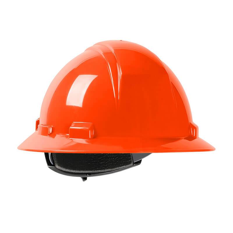 A side view of the PIP Dynamic Kilimanjaro Full Brim Hard Hat 280-HP641R, featuring a vibrant orange hue with a glossy HDPE shell and a black adjustable strap. This hard hat is engineered by Protective Industrial Products for optimal head protection in construction or industrial environments, boasting a convenient wheel ratchet adjustment to ensure a secure fit.