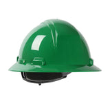 The image features a PIP Dynamic Kilimanjaro Full Brim Hard Hat 280-HP641R in green, presented against a white background. This helmet includes an HDPE shell for durability and an adjustable black interior strap to ensure head security, along with a wheel ratchet adjustment feature for an optimal fit.