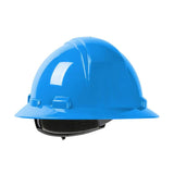 The PIP Dynamic Kilimanjaro Full Brim Hard Hat, model 280-HP641R 12/case, showcases a robust blue HDPE shell with a comfortable black interior lining and includes an easy wheel ratchet adjustment for a snug fit. It's presented against a white background, embodying the quality of PIP - Protective Industrial Products.