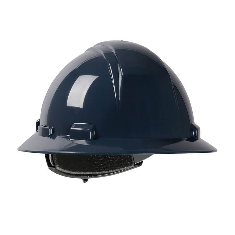 Introducing the PIP Dynamic Kilimanjaro Full Brim Hard Hat 280-HP641R, crafted by Protective Industrial Products. This durable hard hat features a glossy, smooth HDPE shell in dark blue and is designed for optimal head protection. It comes equipped with an adjustable interior strap and wheel ratchet adjustment system to ensure a secure fit.