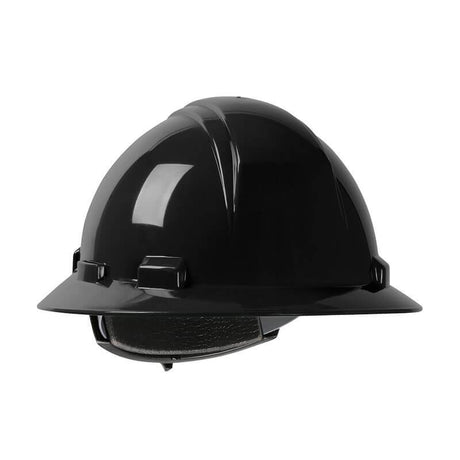 The PIP Dynamic Kilimanjaro Full Brim Hard Hat 280-HP641R from Protective Industrial Products features a black color with a smooth, glossy HDPE shell. Known for its durable construction, this hard hat includes reinforced segments for excellent head protection and a convenient wheel ratchet adjustment. It is ideal for use in construction or industrial settings.