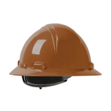 The PIP Dynamic Kilimanjaro Full Brim Hard Hat 280-HP641R, designed by Protective Industrial Products, boasts a brown HDPE shell with a wide brim. It includes a 4-point suspension system and an adjustable black strap underneath for enhanced safety and comfort.