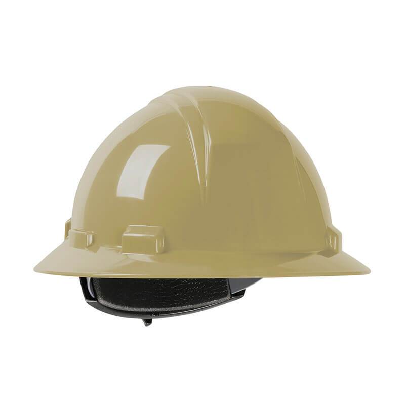 The PIP Dynamic Kilimanjaro Full Brim Hard Hat 280-HP641R, offered by PIP - Protective Industrial Products, is a tan hard hat that features a smooth HDPE shell and an internal wheel ratchet adjustment for head size. It is expertly designed to ensure safety in construction and industrial environments.