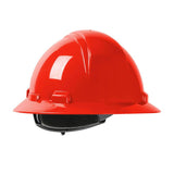 Introducing the PIP Dynamic Kilimanjaro Full Brim Hard Hat 280-HP641R, a vibrant red headgear crafted with a durable HDPE shell and shiny finish. It comes equipped with a black adjustable strap featuring a wheel ratchet adjustment, ensuring a secure fit. Designed by Protective Industrial Products (PIP) for maximum safety in construction or industrial environments, this hard hat is displayed against a plain white background.