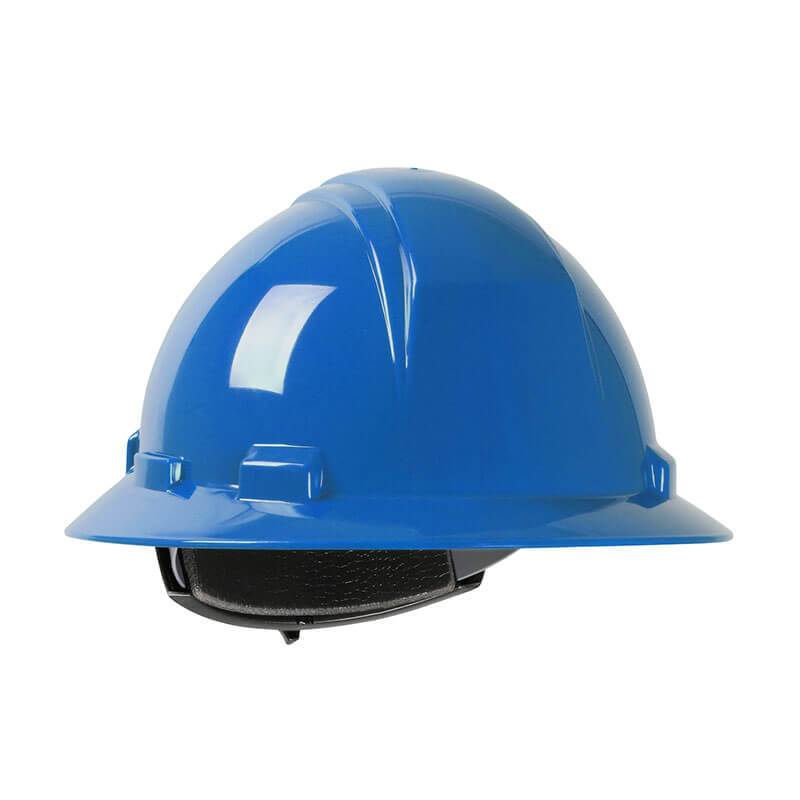 The PIP Dynamic Kilimanjaro Full Brim Hard Hat 280-HP641R, offered by PIP - Protective Industrial Products, features a glossy blue finish and is made with an HDPE shell for maximum head protection. Equipped with a wide brim and an interior wheel ratchet adjustment strap, this hard hat provides exceptional safety and comfort.