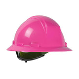 The PIP Dynamic Kilimanjaro Full Brim Hard Hat 280-HP641R, featuring a vibrant pink color and visor attachment, is designed with a durable HDPE shell. Its smooth, glossy surface and rigid edges offer enhanced protection, while the convenient wheel ratchet adjustment ensures a secure fit. This product is part of the Protective Industrial Products brand's collection.