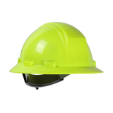 The PIP Dynamic Kilimanjaro Full Brim Hard Hat 280-HP641R, presented against a white background, is shown from the side. This vivid yellow hard hat includes a durable HDPE shell and features a wheel ratchet adjustment for an optimal fit.