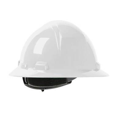 A PIP Dynamic Kilimanjaro Full Brim Hard Hat 280-HP641R, boasting a glossy HDPE shell, surrounded by a full brim and equipped with an internal wheel ratchet adjustment strap, set against a plain white background.