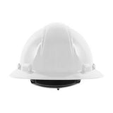 The PIP Dynamic Kilimanjaro Full Brim Hard Hat 280-HP641R, manufactured by PIP - Protective Industrial Products, is presented from the front. This white hard hat features a durable HDPE shell with a smooth, glossy surface and reinforced ridges. It includes a convenient wheel ratchet adjustment system and is displayed against a plain white background.