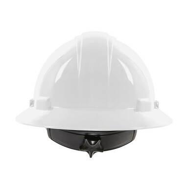 PIP Dynamic Kilimanjaro Full Brim Hard Hat 280-HP641R in white, featuring an HDPE shell and a black inner suspension system with wheel ratchet adjustment, displayed from the front against a plain background, available 12 per case.