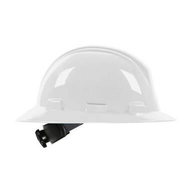 The PIP Dynamic Kilimanjaro Full Brim Hard Hat 280-HP641R, part of the Protective Industrial Products (PIP) brand, is depicted from a front angle. It features a white finish with a black adjustable strap and an HDPE shell, complemented by a smooth and reflective surface with a convenient wheel ratchet adjustment for an ideal fit.