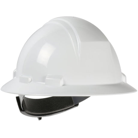 Introducing the PIP Kilimanjaro Type II Full Brim Hard Hat 280-HP642R by Protective Industrial Products. This white hard hat features a brim and advanced textile suspension for enhanced comfort, complete with a wheel ratchet adjustment to ensure the perfect fit. Crafted with an HDPE shell, it delivers robust head protection in both construction and industrial settings. Its smooth, shiny surface is accented by a reinforced top ridge for added durability.