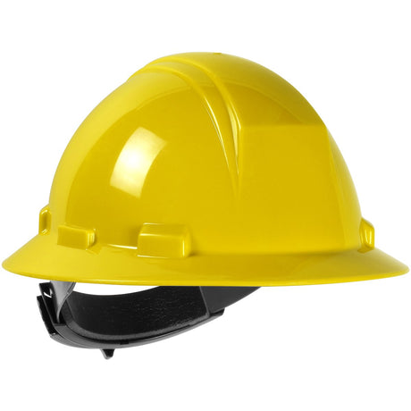 The PIP Kilimanjaro Type II Full Brim Hard Hat 280-HP642R, from Protective Industrial Products, features a vibrant yellow HDPE shell with a wide brim and an adjustable black chin strap, set against a plain white background. Its smooth and glossy surface reflects light beautifully, while the textile suspension provides comfort and security through the wheel ratchet adjustment for a snug fit.