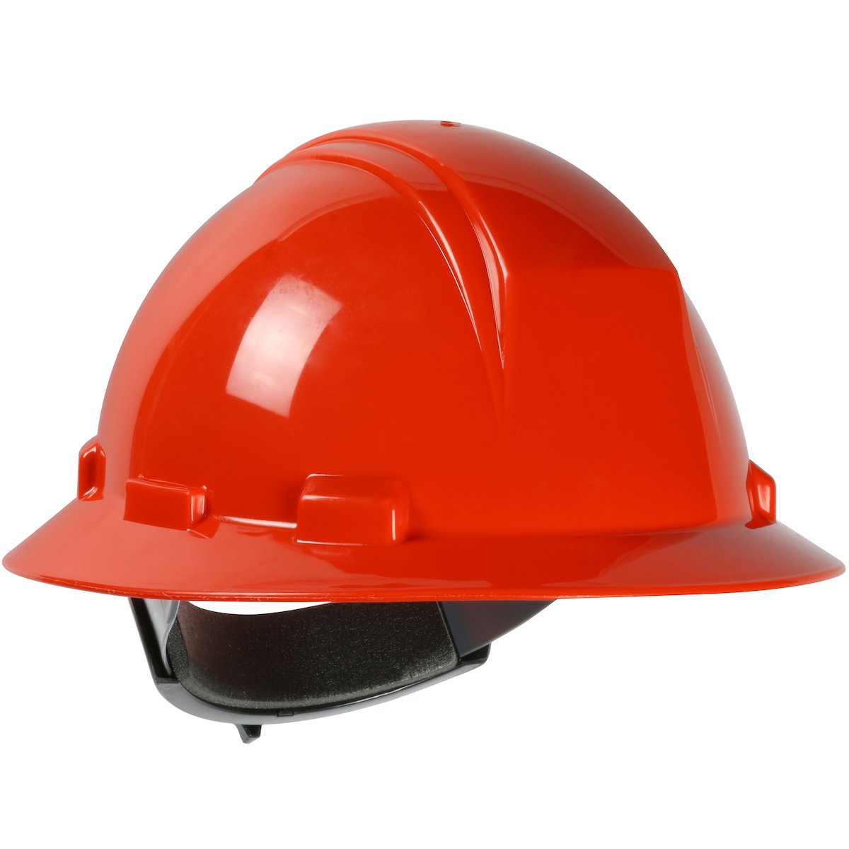 The PIP Kilimanjaro Type II Full Brim Hard Hat 280-HP642R by PIP - Protective Industrial Products is showcased on a white background with its red glossy finish. The durable HDPE shell, combined with the front brim and textile suspension, guarantees comfort. It includes an adjustable strap featuring a wheel ratchet adjustment mechanism for a secure fit.