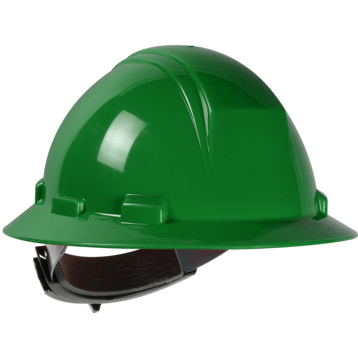 The PIP Kilimanjaro Type II Full Brim Hard Hat 280-HP642R by Protective Industrial Products is designed with a green, glossy, smooth HDPE shell. It includes a textile suspension system and an adjustable black strap for enhanced comfort. The hard hat's round shape and short brim offer optimal protection for the head in construction or industrial environments.