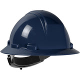 The PIP Kilimanjaro Type II Full Brim Hard Hat 280-HP642R by PIP - Protective Industrial Products offers safety and design excellence with its blue HDPE shell. The helmet's wide brim and adjustable black suspension band, complete with a wheel ratchet adjustment, ensure a perfect fit. Its shiny surface enhances light reflection, emphasizing its robust construction ideal for industrial or construction environments.