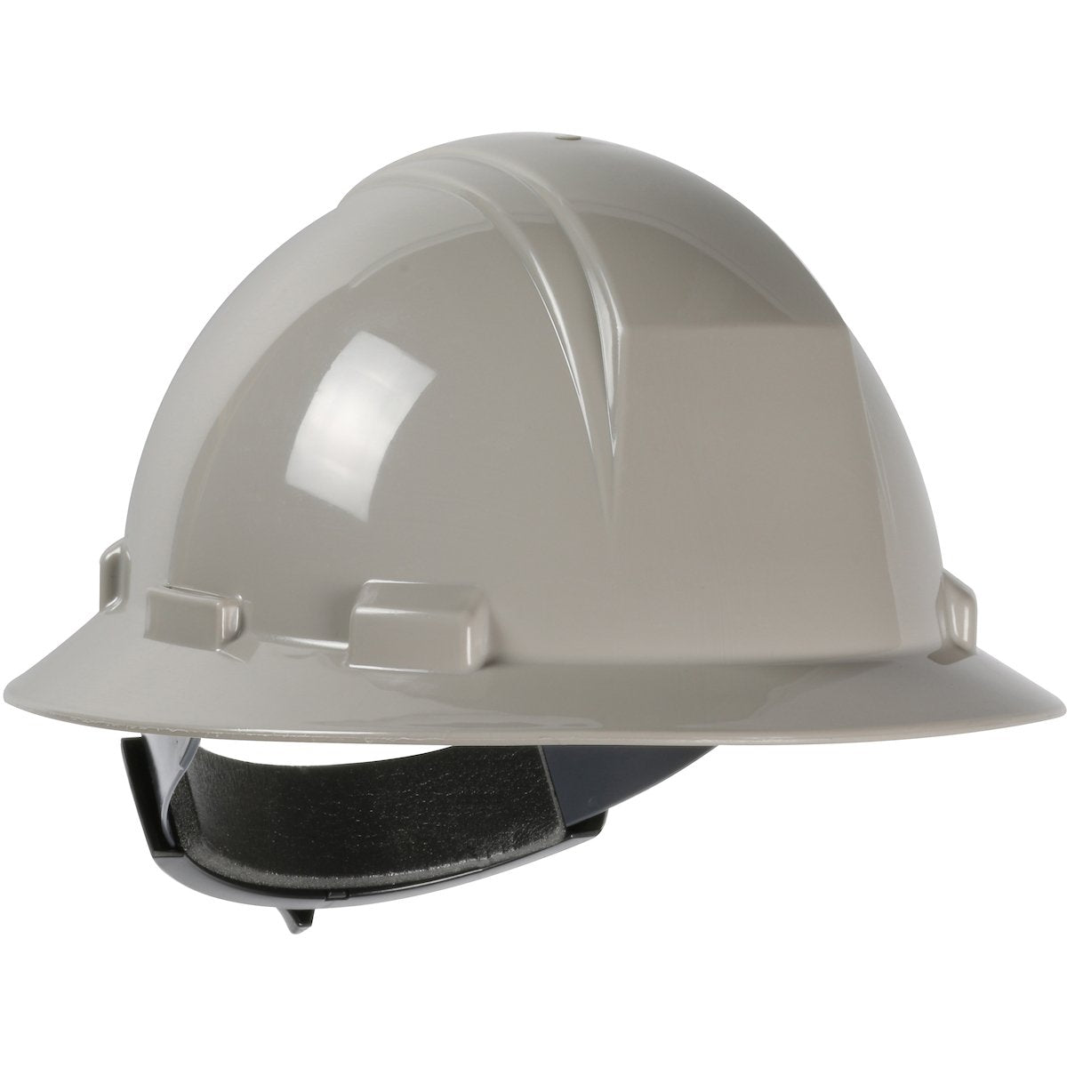 The PIP Kilimanjaro Type II Full Brim Hard Hat 280-HP642R from Protective Industrial Products features a light gray, smooth, and shiny HDPE shell. It includes an adjustable headband with wheel ratchet adjustment for a secure fit.