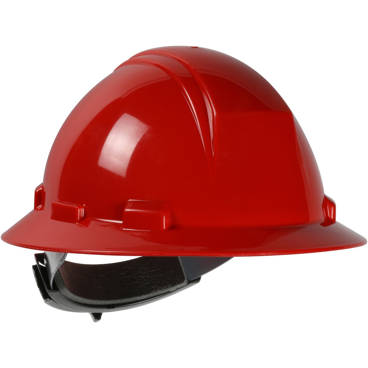 The image presents a PIP Kilimanjaro Type II Full Brim Hard Hat 280-HP642R from PIP - Protective Industrial Products, showcasing its vibrant red color and black adjustable strap. The helmet, made with an HDPE shell, is captured from a side angle against a plain white background. It features a glossy finish with reinforced ridges for enhanced safety and includes wheel ratchet adjustment for an exact fit.