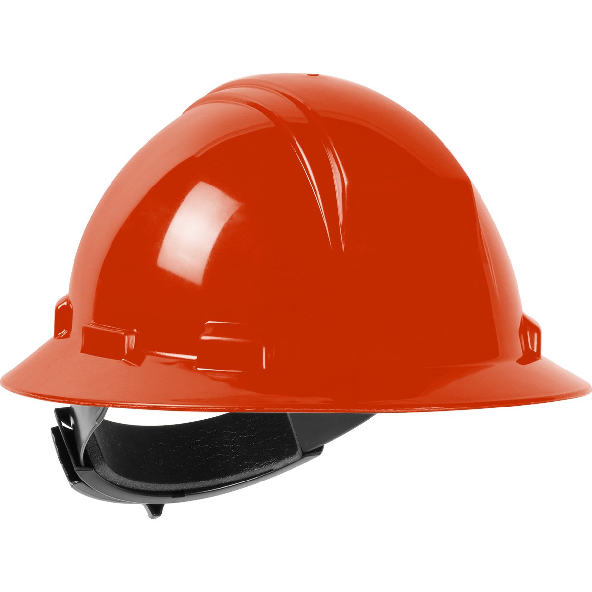 The PIP Kilimanjaro Type II Full Brim Hard Hat 280-HP642R by Protective Industrial Products is designed in a vibrant orange hue, equipped with a black adjustable chin strap and Wheel Ratchet Adjustment. Made from an HDPE shell, the helmet boasts a smooth, glossy finish with ridged details for added strength and features a comfortable textile suspension system for balanced support.