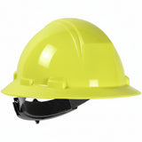 The PIP Kilimanjaro Type II Full Brim Hard Hat 280-HP642R, from Protective Industrial Products, features a vibrant yellow HDPE shell with a wide brim and an adjustable black chin strap, set against a plain white background. Its smooth and glossy surface reflects light beautifully, while the textile suspension provides comfort and security through the wheel ratchet adjustment for a snug fit.