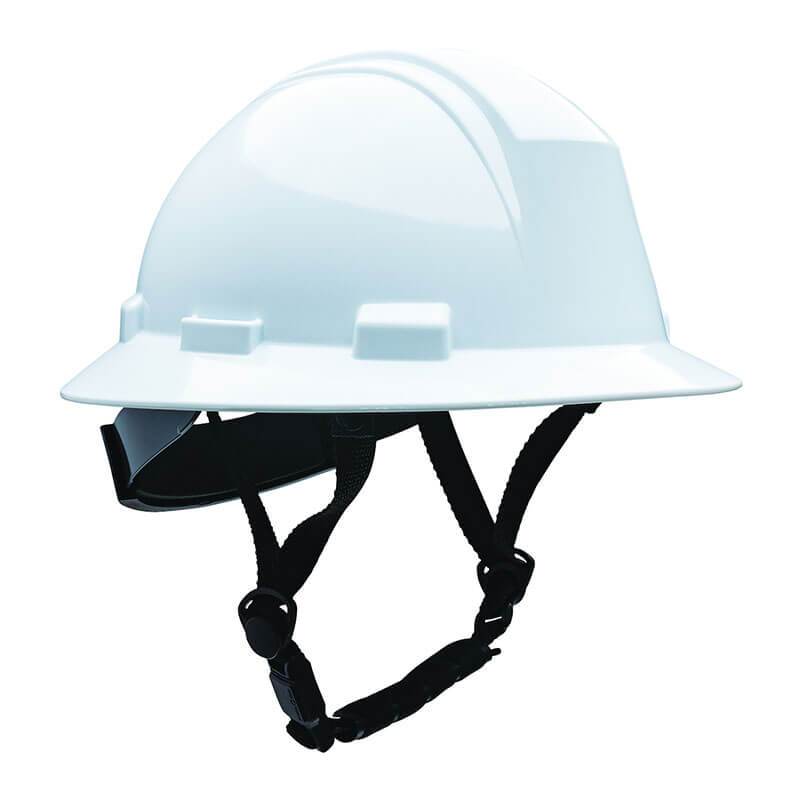 The PIP Kilimanjaro Type II Hard Hat, by Protective Industrial Products, comes with a pre-installed black adjustable 4-point chinstrap and features a robust HDPE shell. This white safety helmet is designed to offer excellent head protection in construction or industrial environments and is isolated against a white background.