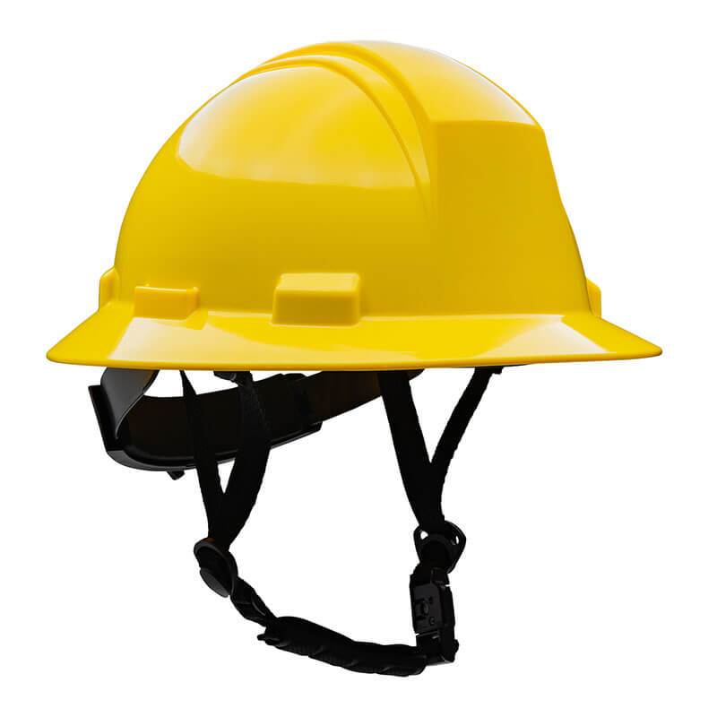 The PIP Kilimanjaro Type II Hard Hat with Chin Strap Pre-Installed, a product by Protective Industrial Products, is a yellow construction helmet featuring a glossy HDPE shell and a black 4-point chinstrap, ensuring it's both sturdy and safe for construction sites.