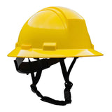 The PIP Kilimanjaro Type II Hard Hat by Protective Industrial Products comes in a vibrant yellow and includes an adjustable 4-point chinstrap for optimal security. Its glossy HDPE shell and sturdy brim ensure excellent safety, making it ideal for construction or industrial work environments.