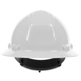 The PIP Kilimanjaro Type II Full Brim Hard Hat 280-HP642R by Protective Industrial Products is displayed in a direct front view. It features a smooth white HDPE shell with a tough black interior strap and includes a textile suspension system for enhanced durability.