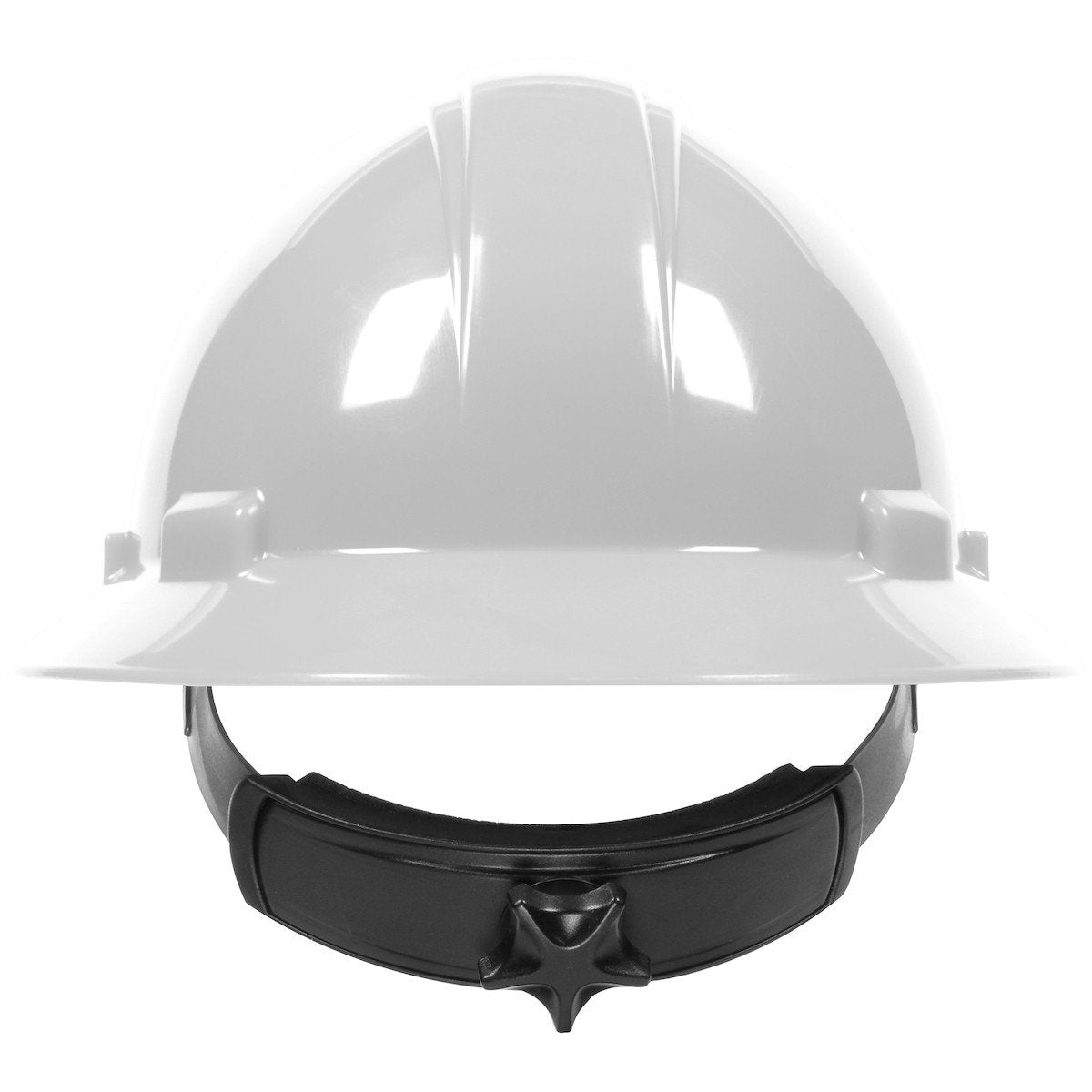 A PIP Kilimanjaro Type II Full Brim Hard Hat 280-HP642R, offered by Protective Industrial Products, is depicted with a white HDPE shell and a black adjustable chin strap. The hard hat includes textile suspension and features a wheel ratchet adjustment for secure fitting, designed specifically for head protection in construction or industrial settings. It is set against a plain white background.