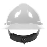 A PIP Kilimanjaro Type II Full Brim Hard Hat 280-HP642R, offered by Protective Industrial Products, is depicted with a white HDPE shell and a black adjustable chin strap. The hard hat includes textile suspension and features a wheel ratchet adjustment for secure fitting, designed specifically for head protection in construction or industrial settings. It is set against a plain white background.