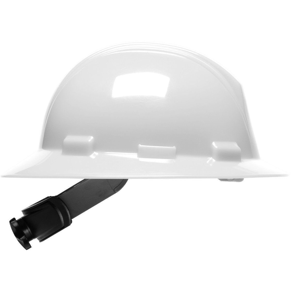 Introducing the PIP Kilimanjaro Type II Full Brim Hard Hat 280-HP642R by Protective Industrial Products, featuring a durable HDPE shell for enhanced safety. This white hard hat comes with a dark adjustable chin strap on a plain white background, and includes a wheel ratchet adjustment system to ensure an ideal fit and optimal comfort.