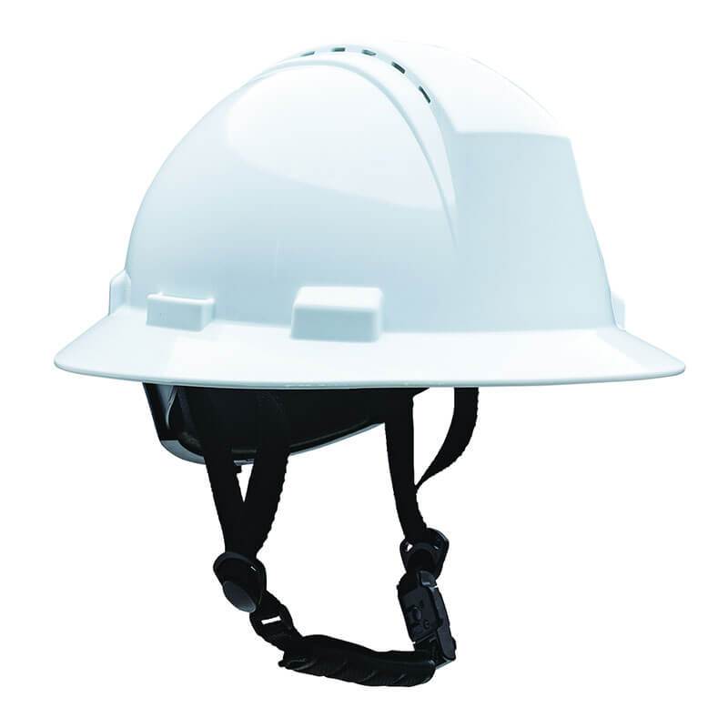 A side view of a PIP - Protective Industrial Products Kilimanjaro Type II Vented Hard Hat in white, Model 280-HP642RV-CH, showcasing its durable HDPE shell along with an adjustable 4-point chin strap and top ventilation slots.