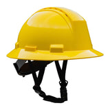 The PIP Kilimanjaro Type II Vented Hard Hat w/Chin Strap Pre-Installed 280-HP642RV-CH by Protective Industrial Products offers a robust HDPE shell and comes with a reliable 4-point chinstrap for added security. This yellow construction hard hat is designed to enhance both safety and comfort, featuring a wide brim and ventilation slots.