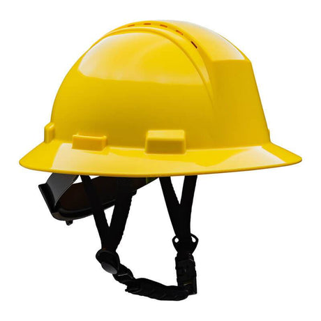 The PIP Kilimanjaro Type II Vented Hard Hat w/Chin Strap Pre-Installed 280-HP642RV-CH by Protective Industrial Products offers a robust HDPE shell and comes with a reliable 4-point chinstrap for added security. This yellow construction hard hat is designed to enhance both safety and comfort, featuring a wide brim and ventilation slots.