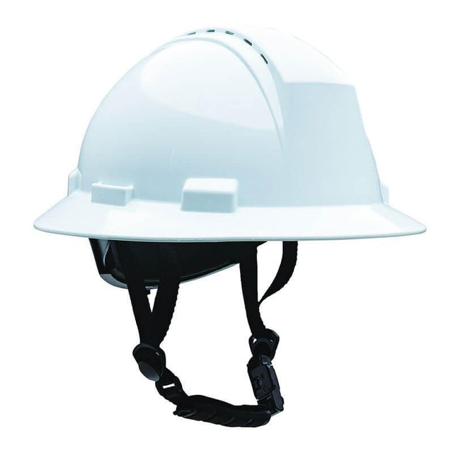 In front of a plain background, the PIP Kilimanjaro Type II Vented Hard Hat w/Chin Strap Pre-Installed 280-HP642RV-CH from Protective Industrial Products is showcased, highlighting its white HDPE shell and 4-point chinstrap. Designed for safety, it features ventilation slots on top and a protective brim along the edges.