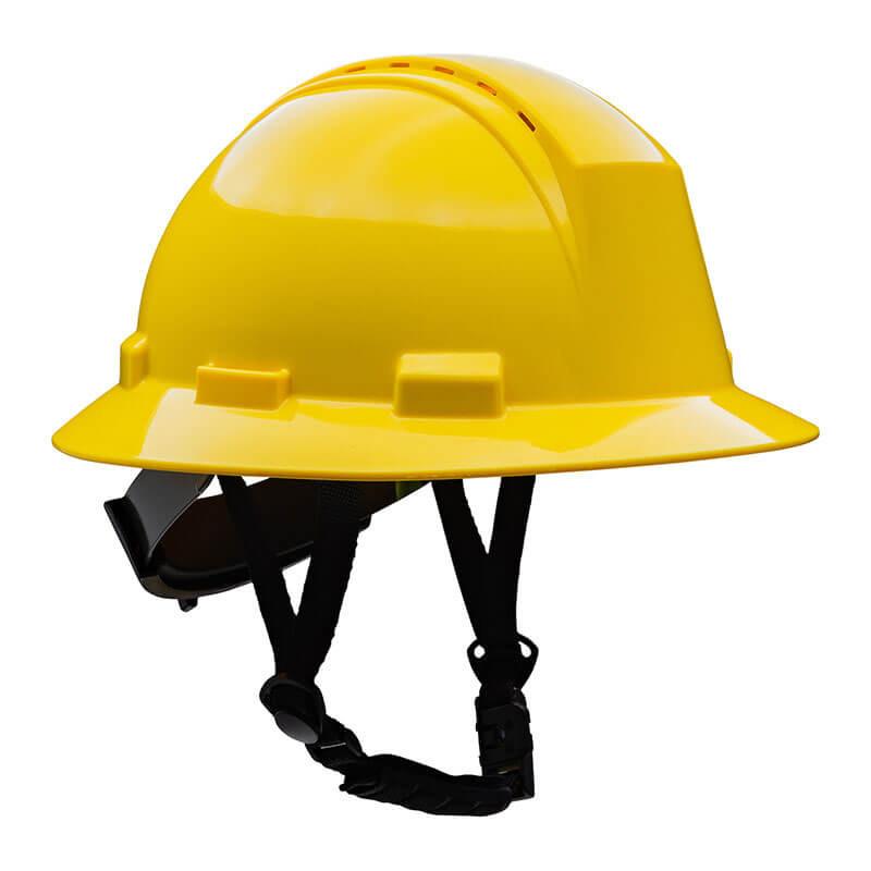 The PIP Kilimanjaro Type II Vented Hard Hat, model 280-HP642RV-CH, from Protective Industrial Products (PIP), features a bright yellow HDPE shell and comes with a pre-installed 4-point black adjustable chin strap for optimal head protection in construction or industrial settings.