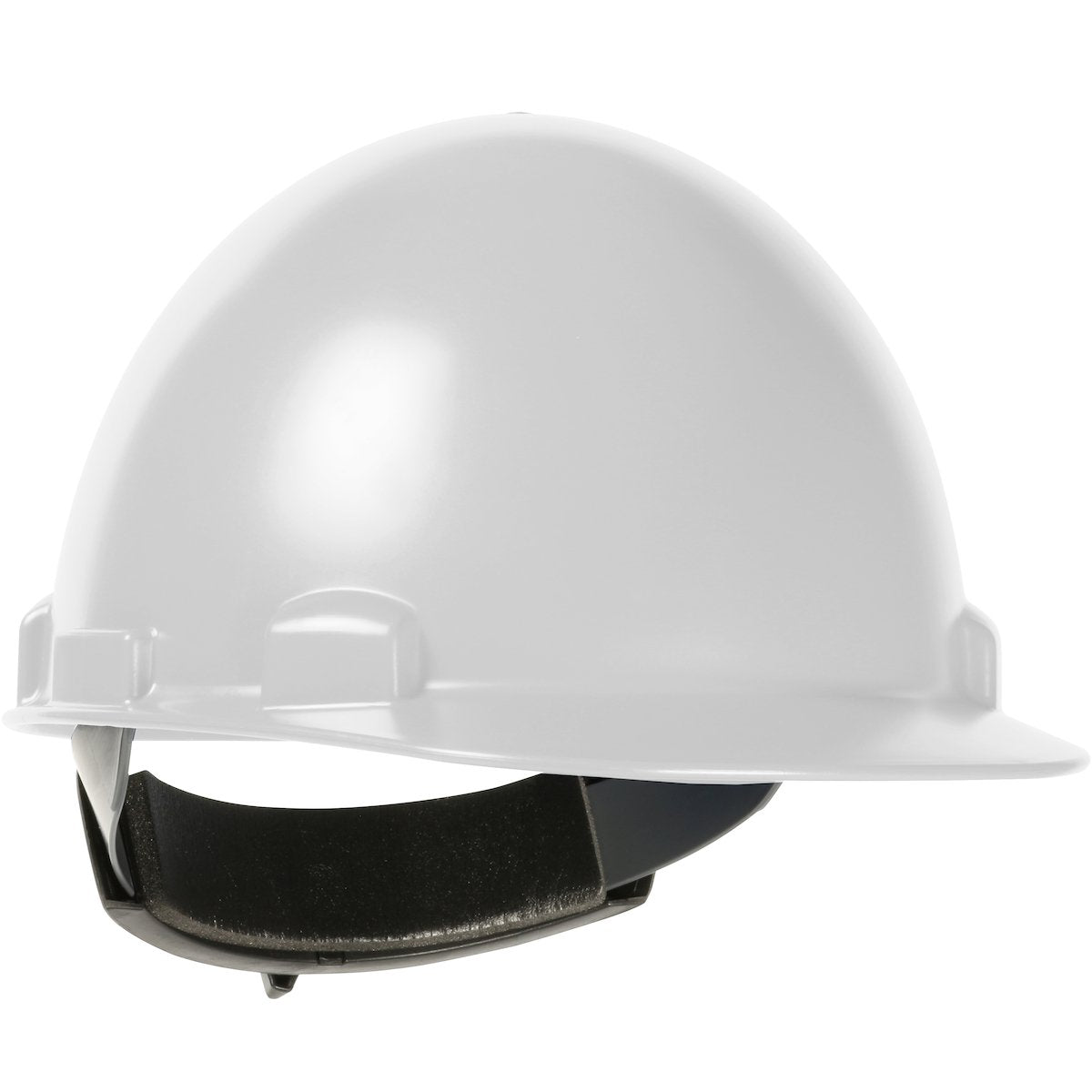 The PIP Stromboli Cap Style Smooth Dome Hard Hat 280-HP842R by Protective Industrial Products is a white construction hard hat equipped with a black adjustable interior band, engineered for safety in industrial settings. This welder's hard hat boasts an ABS/polycarbonate shell and features a smooth, glossy surface with a short brim, making it ideal for high heat applications.