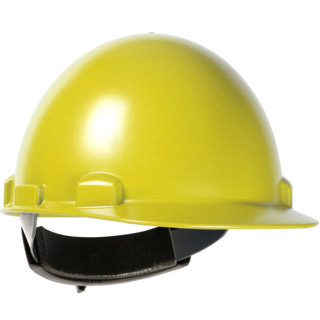 A front view of the PIP Stromboli Cap Style Smooth Dome Hard Hat 280-HP842R in yellow, featuring a shiny ABS/polycarbonate shell. The hard hat includes a black adjustable strap for a secure fit. Designed by PIP - Protective Industrial Products, it is ideal for welders and high heat applications and is isolated against a white background.