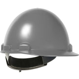 The PIP - Protective Industrial Products Stromboli Cap Style Smooth Dome Hard Hat 280-HP842R features a gray, smooth, glossy ABS/Polycarbonate shell with a black adjustable strap underneath, making it ideal for high heat applications.