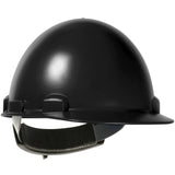 Introducing the PIP Stromboli Cap Style Smooth Dome Hard Hat 280-HP842R by Protective Industrial Products, this glossy black hard hat features a durable polycarbonate shell, making it ideal for welders and high heat applications. It comes with a front brim and an inner suspension system to ensure optimal head protection.