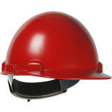 The PIP Stromboli Cap Style Smooth Dome Hard Hat 280-HP842R by PIP - Protective Industrial Products features a sleek red ABS/polycarbonate shell and a black adjustable strap beneath it, making it perfect for safety in high heat applications commonly faced in construction settings.