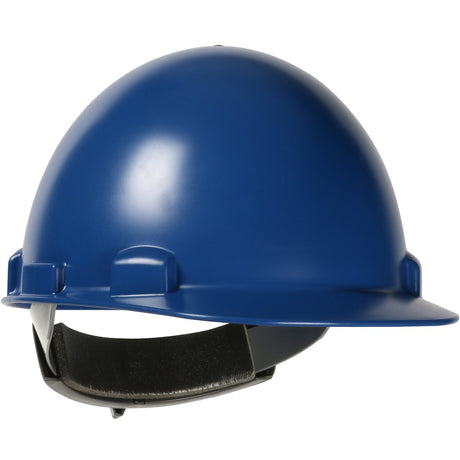 The PIP Stromboli Cap Style Smooth Dome Hard Hat 280-HP842R, designed by Protective Industrial Products for welders working in high heat conditions, features a blue exterior with a black interior strap and is shown from a side angle against a plain white background.