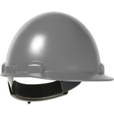 The PIP Stromboli Cap Style Smooth Dome Hard Hat 280-HP842R by Protective Industrial Products is a gray hard hat with a glossy finish. It features an ABS/polycarbonate shell and an adjustable interior strap for a secure fit, making it ideal for head protection in construction or industrial environments, as well as suitable for welders and high-heat applications.