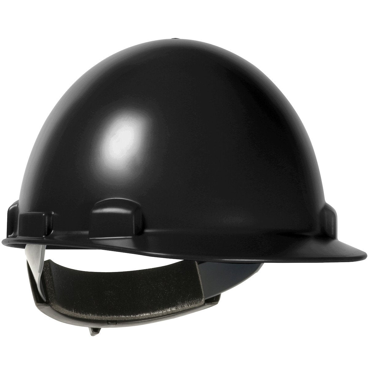 Introducing the PIP Stromboli Cap Style Smooth Dome Hard Hat 280-HP842R by Protective Industrial Products, available in sleek black. Constructed with a robust ABS/polycarbonate shell, this hard hat features a smooth, rounded design complete with a brim. It includes an adjustable internal suspension system to ensure a secure fit, making it perfect for welders working in high heat environments.