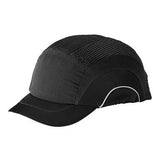 The PIP JSP HardCap A1+ Bump Cap Short Brim 282-ABS150 combines a black sports cap design with a curved brim and mesh panels for ventilation, enhanced by reflective piping. This bump cap features a sleek design with decorative stitching and a subtle reflective accent on the brim edge, along with a protective HDPE liner for added safety.