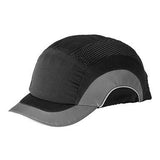 The sentence could be rewritten as: A JSP HardCap A1+ Bump Cap from PIP - Protective Industrial Products, featuring a short brim and mesh ventilation on top, along with a protective HDPE liner for enhanced safety.