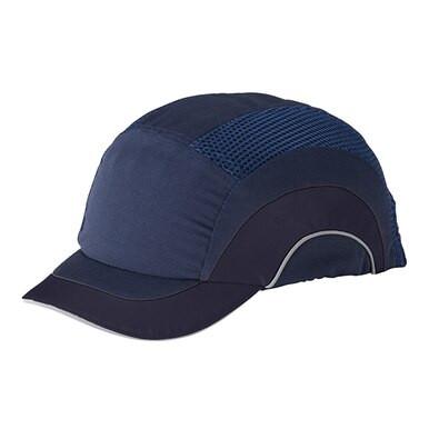 A short brim navy blue bump cap from PIP - Protective Industrial Products, featuring side mesh ventilation panels and reflective piping along the brim.