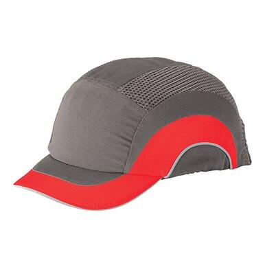 The JSP HardCap A1+ Bump Cap Short Brim 282-ABS150 by PIP - Protective Industrial Products is a gray and red cap featuring mesh ventilation and a smooth, curved design, enhanced with reflective piping. The red accents run along the brim and sides, adding a dynamic look.